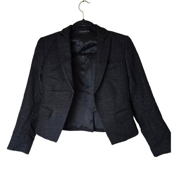 Theory cropped black Tweed blazer silver threading size 0 - Picture 2 of 11